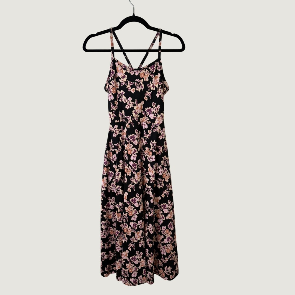Pact Floral Midi Fall Dress Black Pink Size S Cottagecore Organic Cotton Pockets